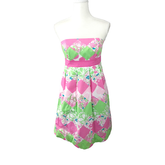 Lilly Pulitzer Diamond Patchwork Pink Green Strapless Pleated Dress Size 4
